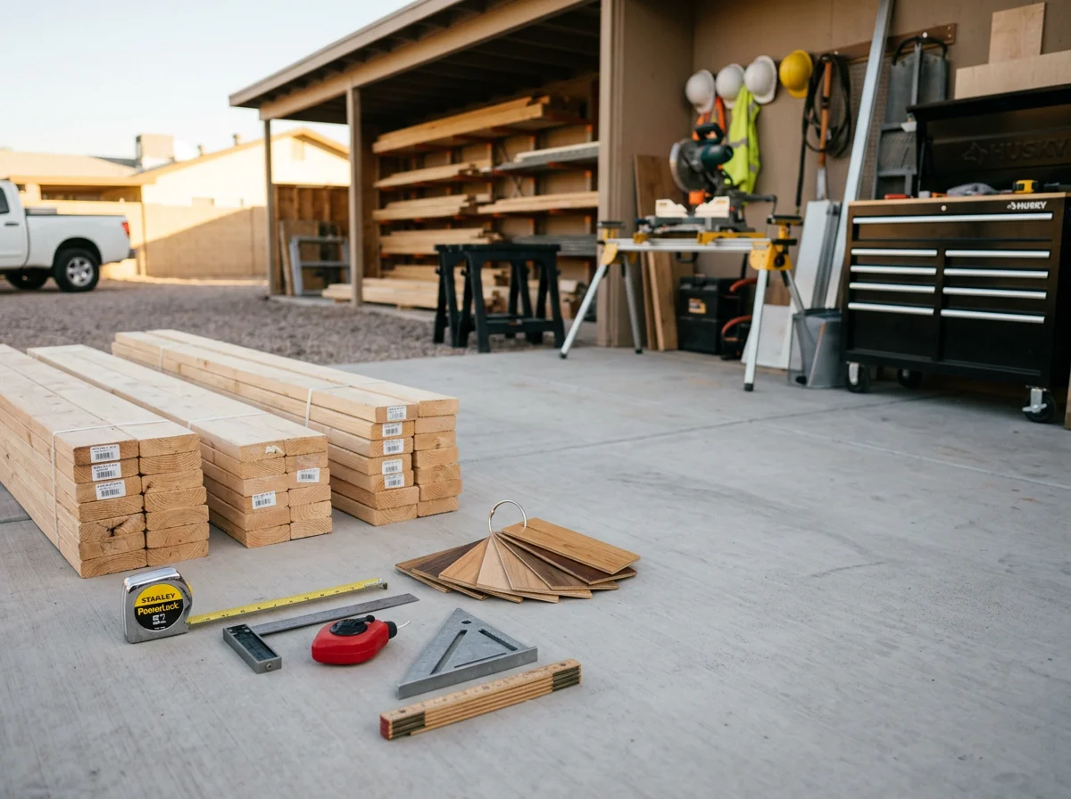 Construction site with remodeling tools and materials organized for a residential project.