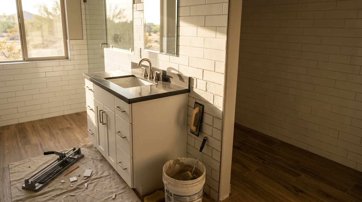 Newly remodeled bathroom with tile flooring and updated fixtures