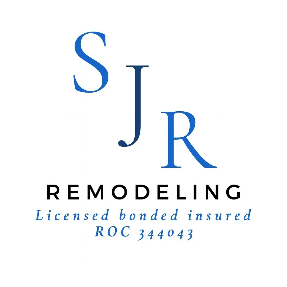 SJR Remodeling logo with blue initials and licensed bonded insured credentials