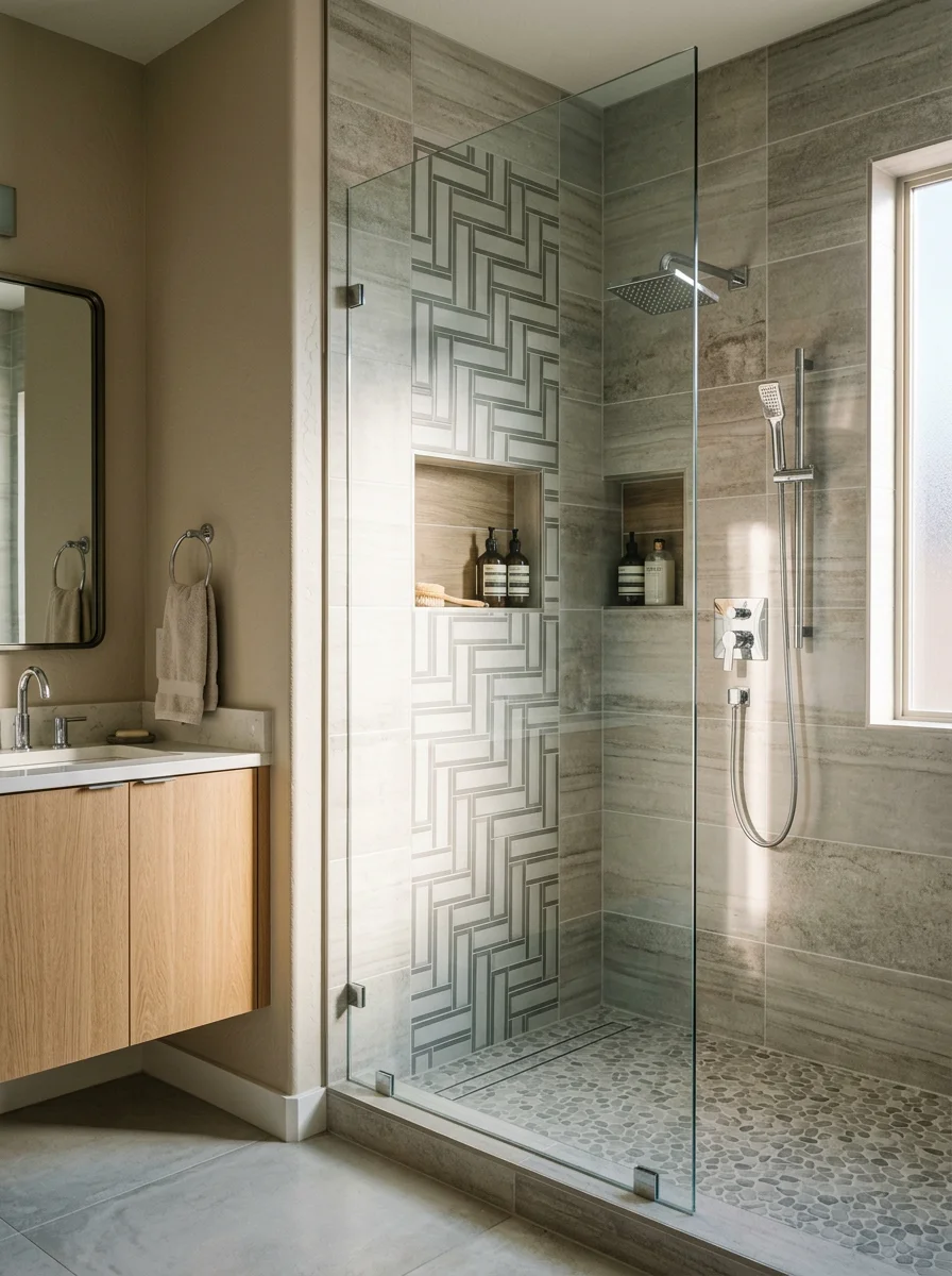 Tile flooring and new tile shower surround in a remodeled Gilbert bathroom with a walk-in shower replacing an original builder-grade tub.