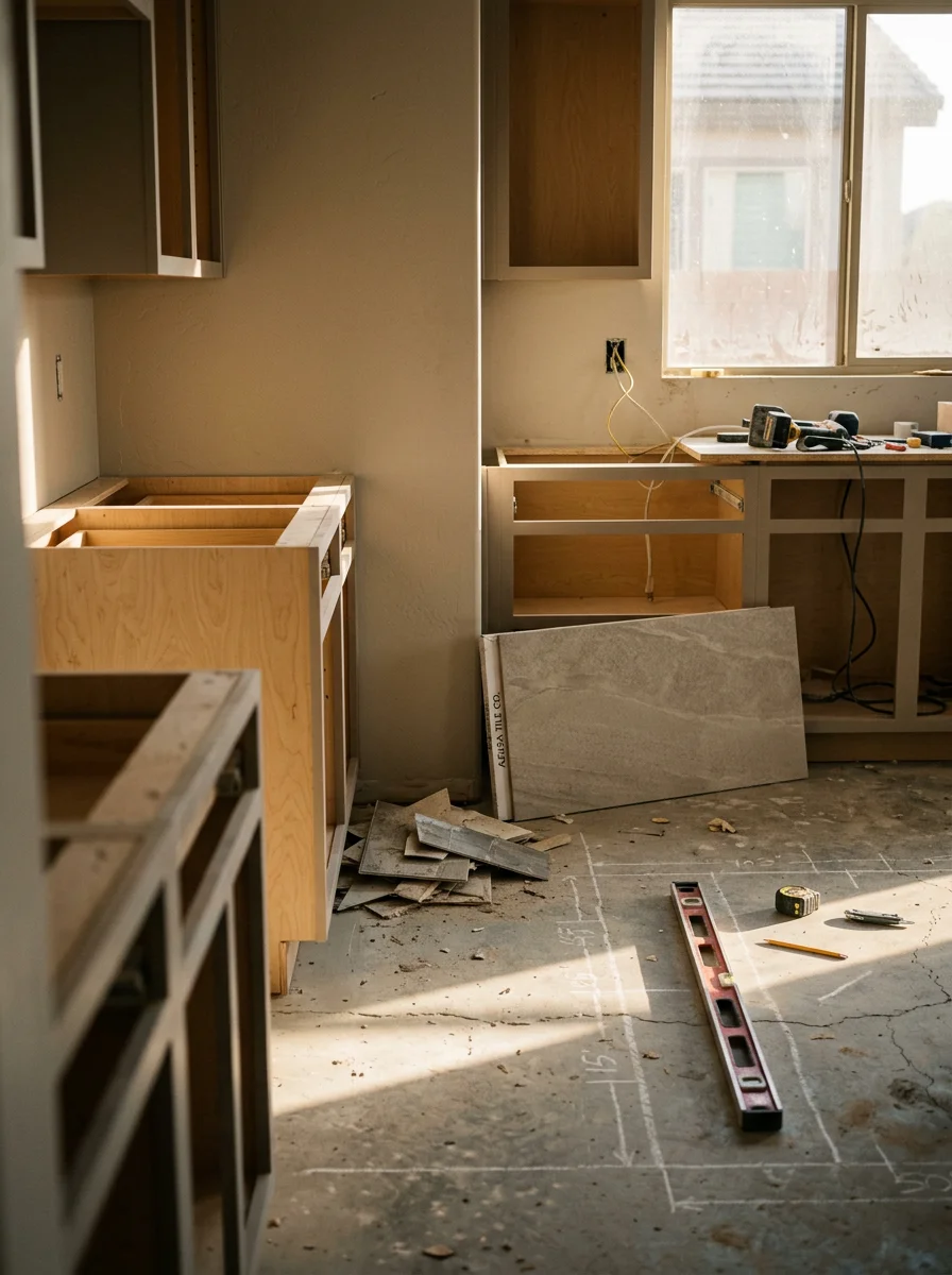 Tile flooring replacement in a central Mesa kitchen, with the original 1980s vinyl removed and a concrete slab prepared for new large-format porcelain tile.