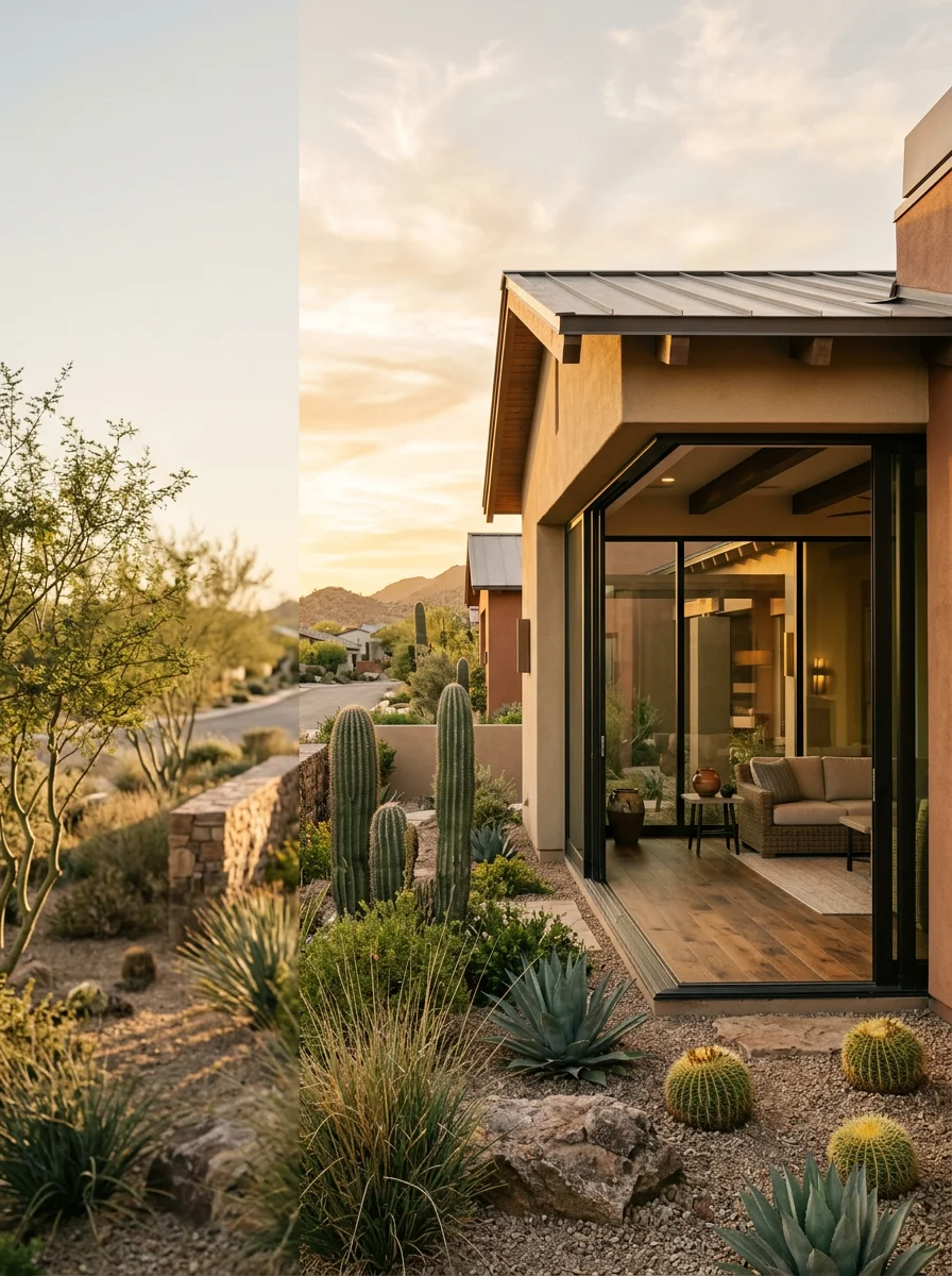 Wide-plank engineered hardwood flooring in a Paradise Valley great room with high ceilings and sliding glass doors opening to a covered patio.
