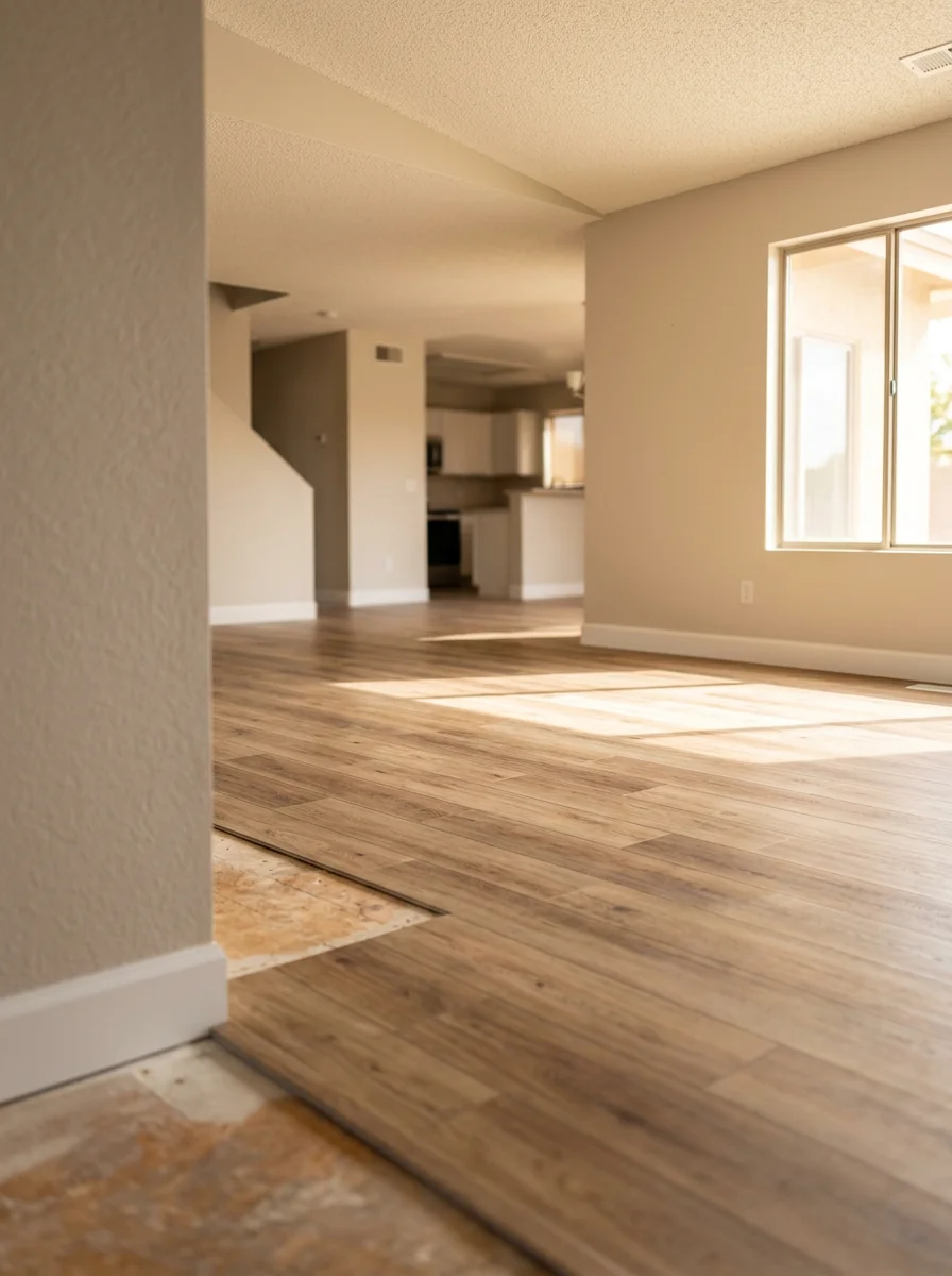 Luxury vinyl plank flooring installed in a south Peoria living room, replacing original vinyl sheet flooring in a 1990s single-story ranch home.
