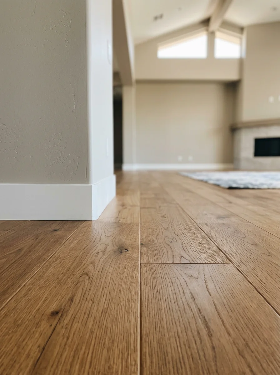 Close-up of engineered hardwood flooring installed in a North Scottsdale living room with high ceilings and natural light.