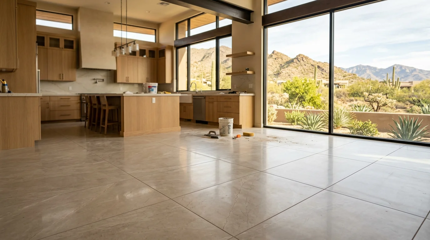 Newly installed large-format porcelain tile flooring in a Scottsdale open-concept kitchen with desert-view windows and updated cabinetry.