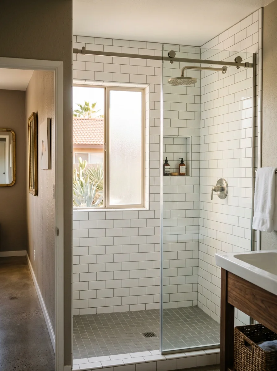 Remodeled bathroom in an older Tempe home near Arizona State University, with a new walk-in tile shower replacing an original tub-shower combo.