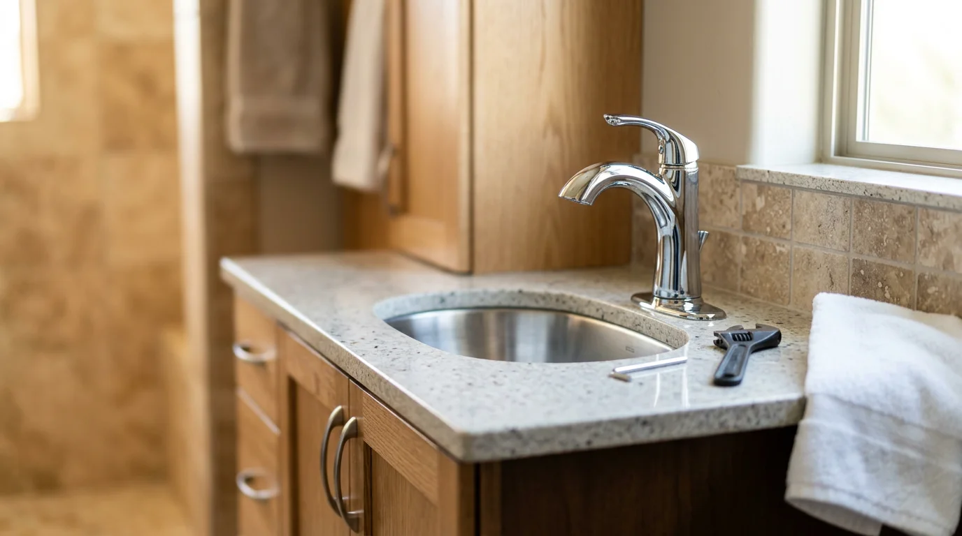 A newly installed bathroom vanity faucet and toilet in a Scottsdale home, showing clean plumbing connections and polished hardware against neutral tile. The finished installation reflects precise alignment and professional craftsmanship typical of SJR Remodeling's work across Maricopa County.