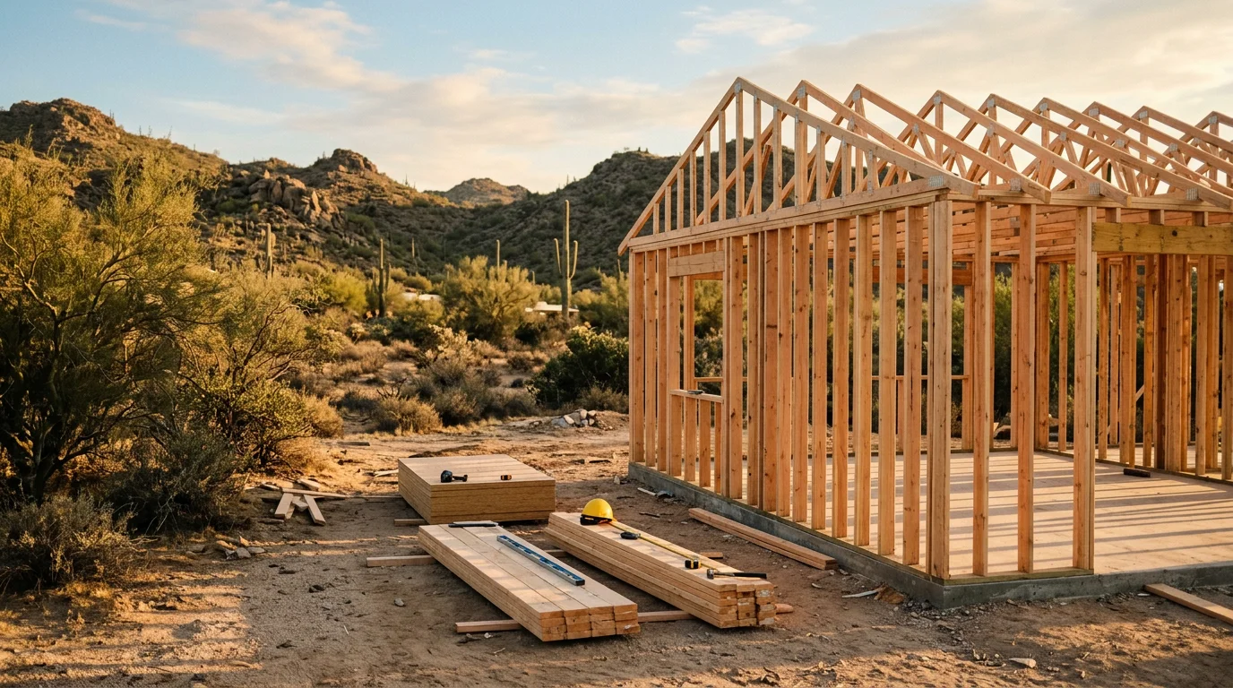 A newly constructed detached casita with a covered entry and desert landscaping on a Scottsdale single-family residential lot. The structure shows a finished stucco exterior consistent with the main home, photographed in the rear yard.