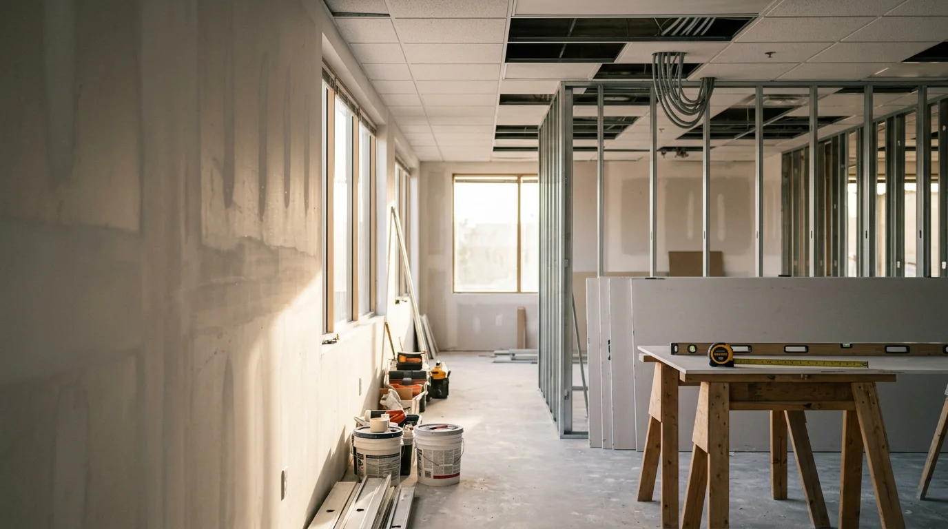 Finished commercial interior remodel in Scottsdale, Arizona showing updated office suite with clean finishes, reconfigured layout, and professional-grade workmanship. SJR Remodeling LLC commercial renovation project in Maricopa County.