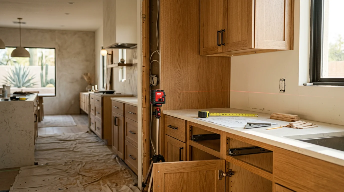 Newly installed custom kitchen cabinets in a Scottsdale home, showing floor-to-ceiling upper cabinets and base units fitted flush against the walls. The installation includes consistent door alignment and hardware placement throughout the kitchen.