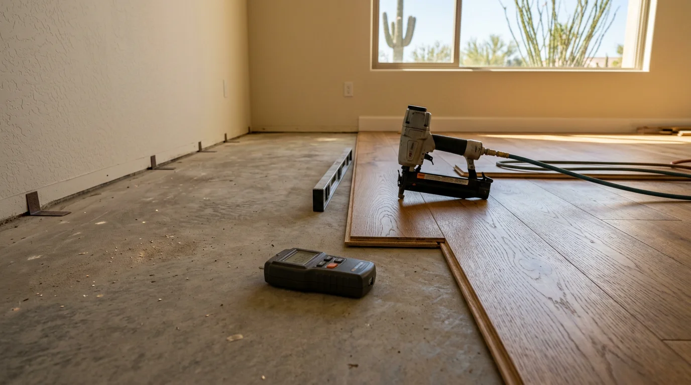 Freshly installed engineered wood flooring in a Scottsdale home living room, showing wide planks with a natural wood grain finish over a concrete slab subfloor. The floor runs continuously through an open-concept space typical of Maricopa County residential construction.