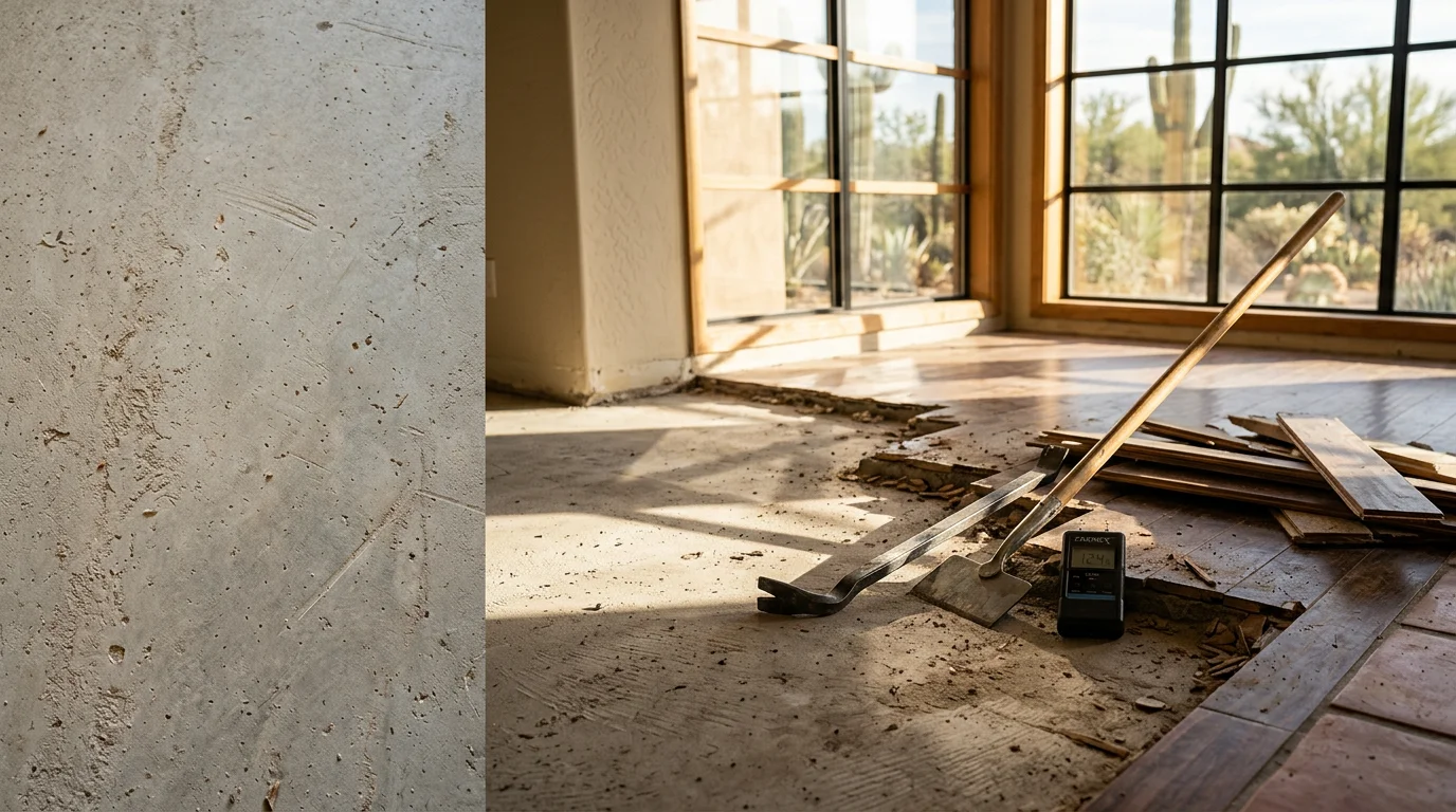 A Scottsdale living room with freshly replaced flooring installed by SJR Remodeling LLC, showing clean transitions between rooms and a smooth, even surface throughout. The space reflects a completed residential flooring replacement project in the greater Maricopa County area.