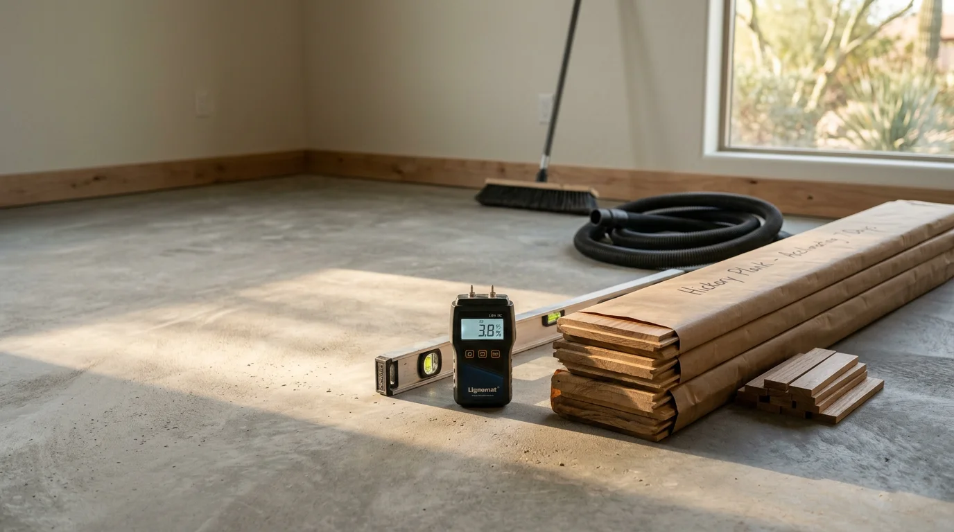 Freshly installed solid hardwood flooring in a Scottsdale home living room, showing clean plank lines and a warm natural wood finish. The room features neutral desert-toned walls typical of Scottsdale residential interiors.