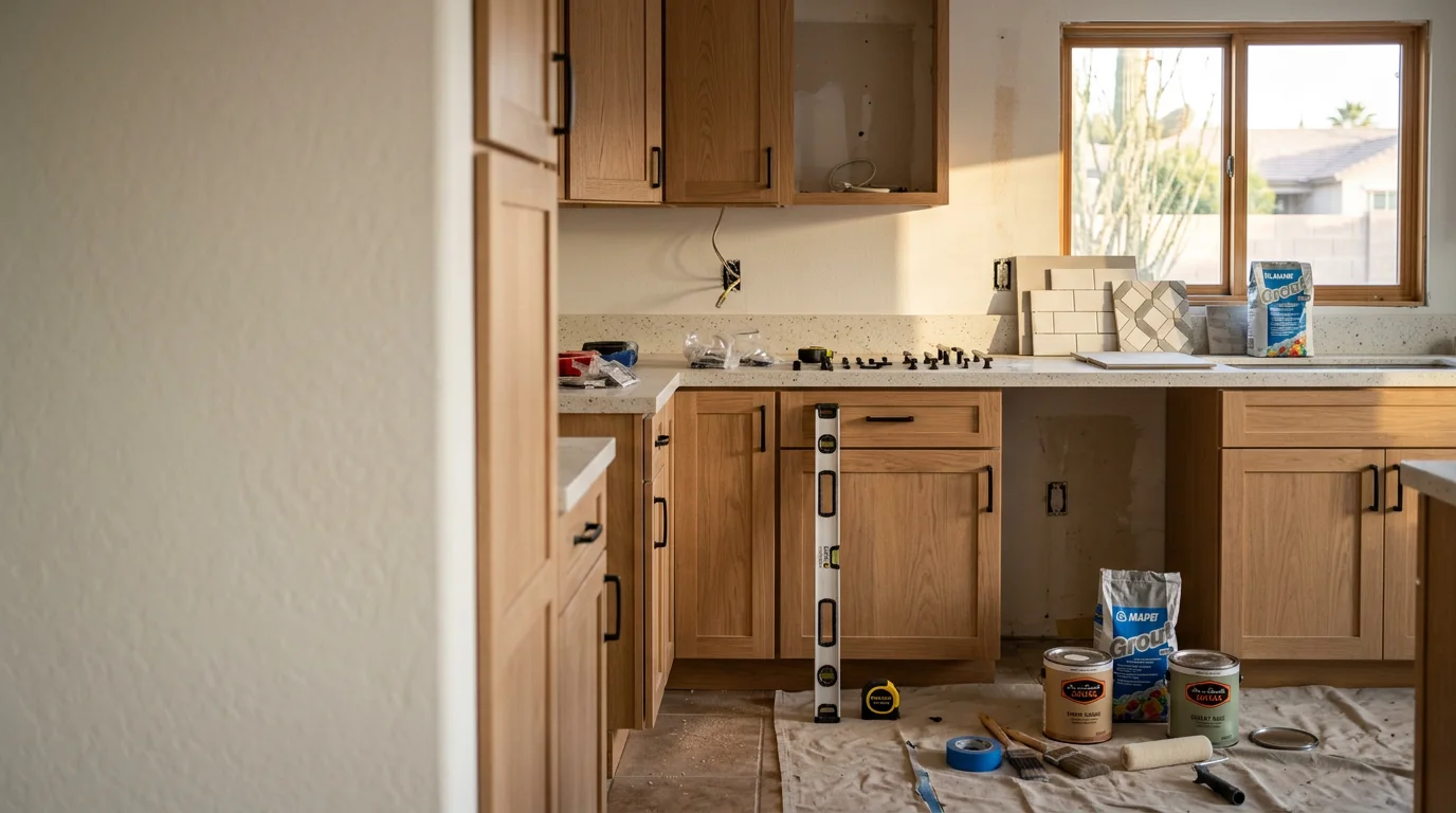 A remodeled open-concept kitchen and living area inside a Scottsdale home, featuring updated flooring, modern cabinetry, and clean finishes suited to the desert Southwest. The space reflects organized, high-standard craftsmanship typical of SJR Remodeling LLC projects across Maricopa County.