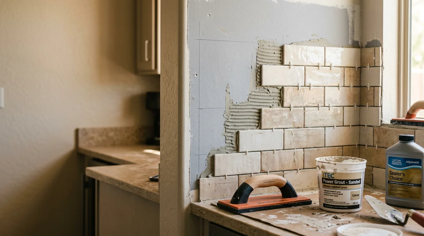 Freshly installed tile kitchen backsplash in a Scottsdale home, showing clean grout lines running from the countertop up to the cabinet line. The tile work is complete and sealed, with even spacing and precise corner cuts throughout.