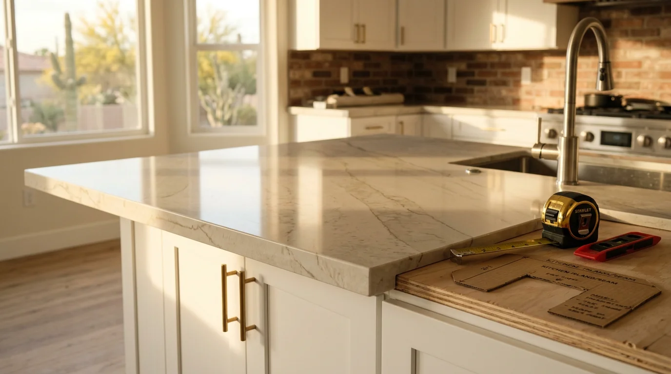 Newly installed stone kitchen countertop with clean edge profile and tight seams in a Scottsdale home. The surface runs along the perimeter cabinets with a cutout for an undermount sink, showing the finished result of a professional countertop installation.