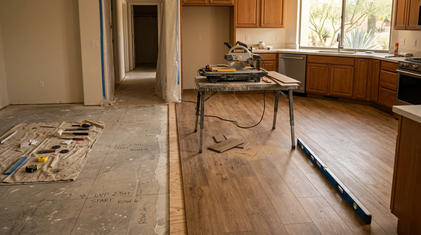 Freshly installed kitchen flooring in a Scottsdale home, showing clean tile work with tight grout lines and a smooth, level surface. The kitchen features open floor space typical of Maricopa County residential builds.