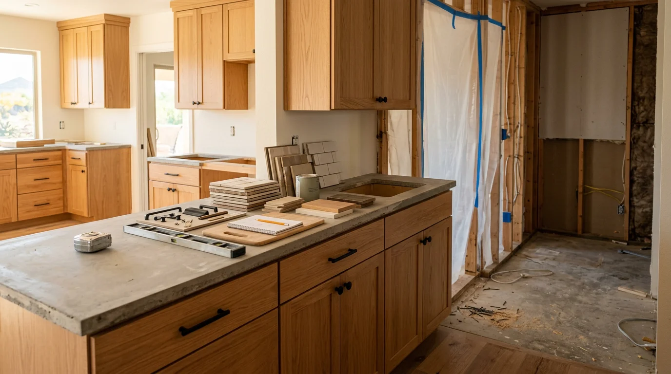 A remodeled kitchen interior in a Scottsdale home showing an open layout with updated finishes and reconfigured workspace. The renovation reflects the clean, functional design approach SJR Remodeling applies across Maricopa County projects.