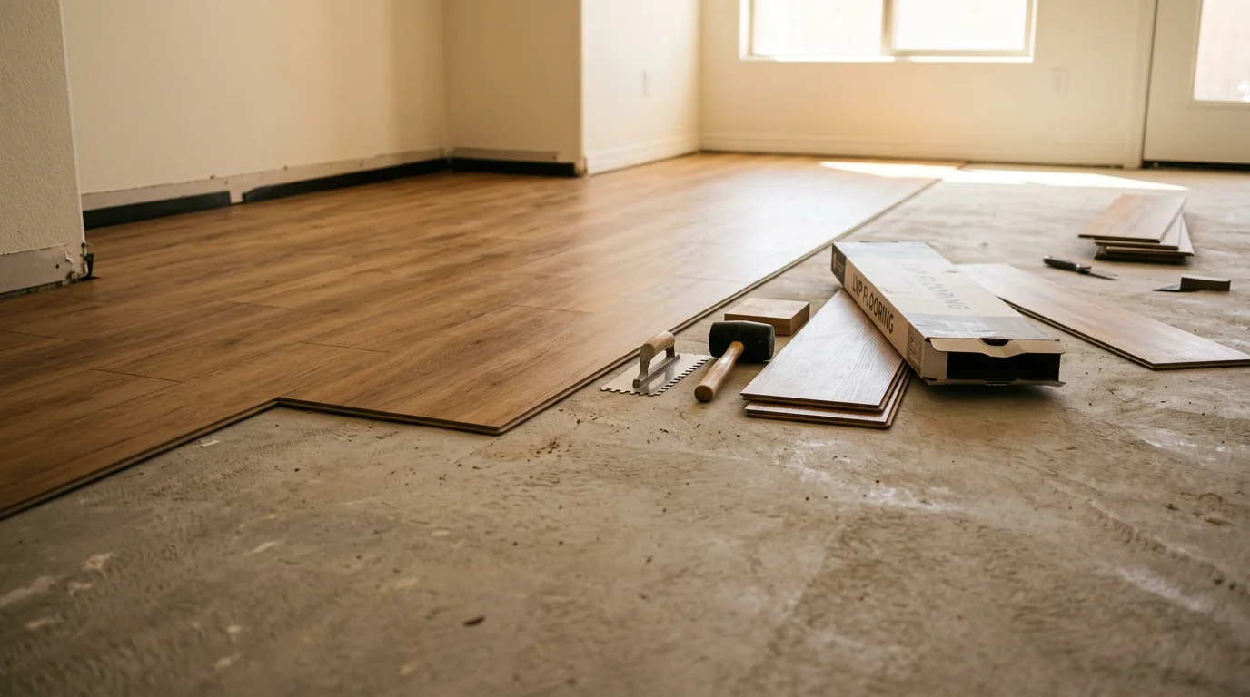 Freshly installed luxury vinyl plank flooring in a Scottsdale home, showing tight plank alignment and a wood-look finish across an open living area. The floor runs wall to wall with clean edge trim and no visible gaps.
