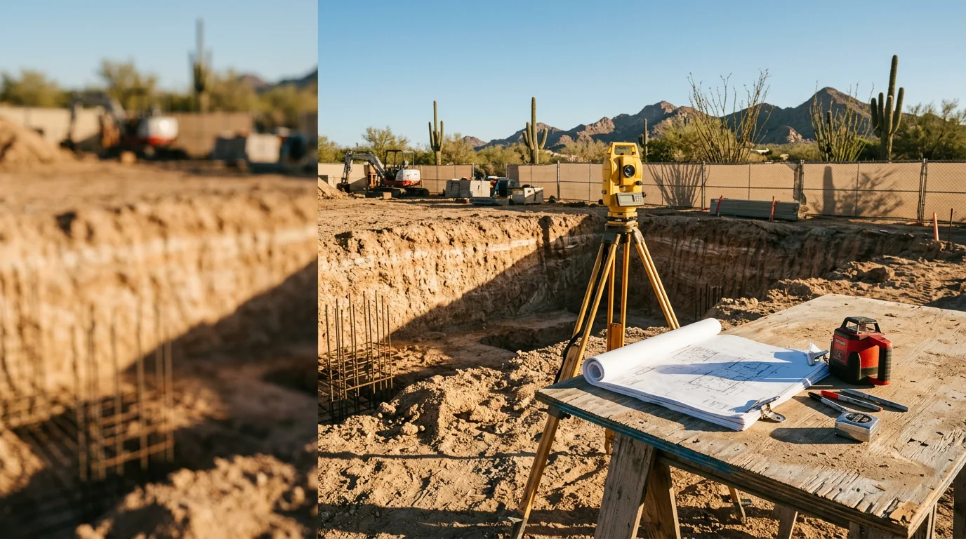 A newly constructed single-family home in Scottsdale, Arizona, showing a completed exterior with desert-region architectural details. A general contractor reviews structural work on site during the final stages of a ground-up residential build in Maricopa County.