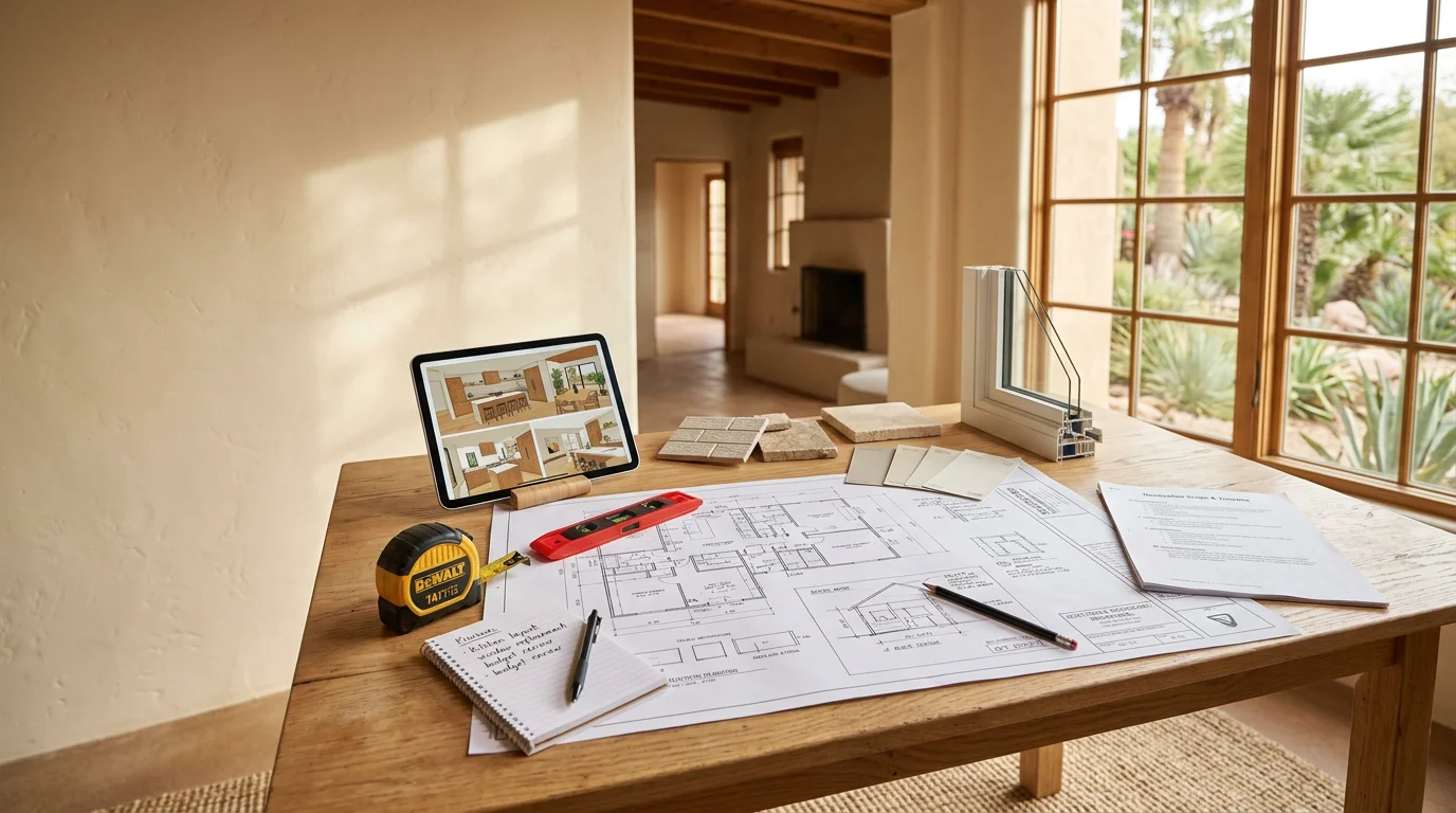 An SJR Remodeling LLC consultant reviewing renovation plans with a Scottsdale homeowner inside a residential space slated for remodeling. The consultation setting shows an open interior with visible areas under discussion for renovation scope.