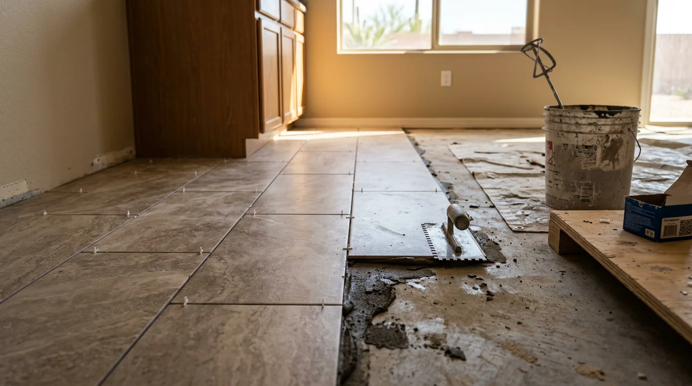 Freshly installed tile flooring in a Scottsdale home kitchen, showing clean grout lines and a level surface across a large open-plan area. The tile runs from the kitchen into an adjacent living space, reflecting the wide-format layouts common in Maricopa County homes.