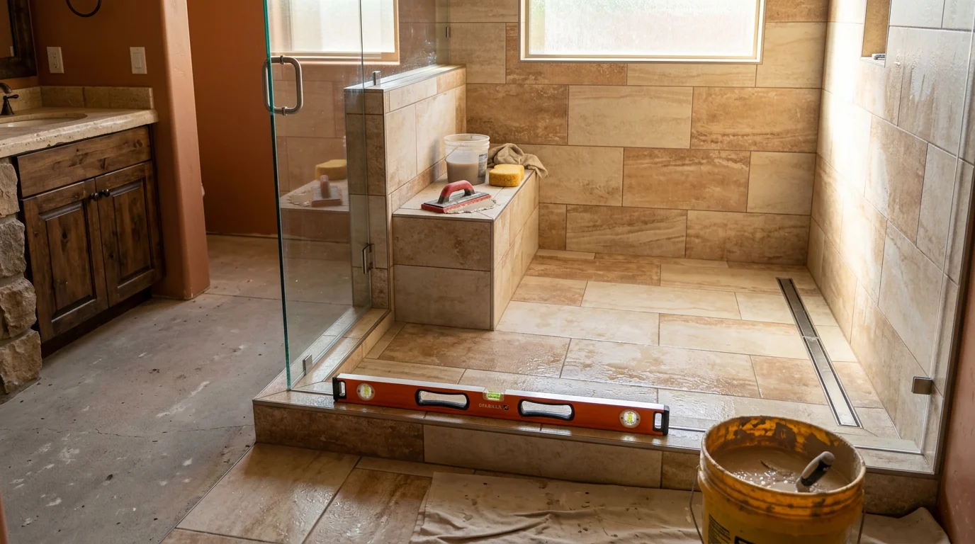 A newly installed walk-in shower in a Scottsdale home bathroom, featuring a barrier-free entry, tiled walls, and a clean open layout. The finished space shows precise tile alignment and a waterproofed shower base typical of a professional installation in the Maricopa County area.